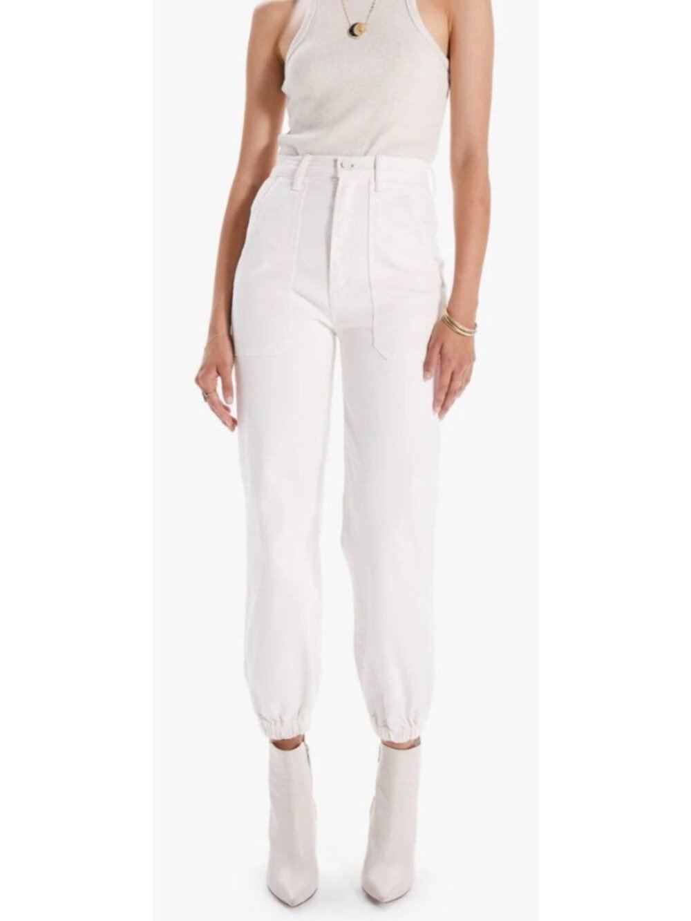 Mother Sz 25 Wrapper Patch Springy Ankle Jean in Cream Puffs Preppy Glam